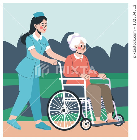 Old man in wheelchair. Nurse walking with grandparent. Doctor and senior patient in hospital. Elderly man medical treatment. Grandfather support and help. Vector cartoon flat isolated illustration Old man in wheelchair. Nurse walking with grandparent. Doctor and senior patient in hospital. Elderly man medical treatment. Grandfather support and help. Vector cartoon flat isolated illustration 132334312