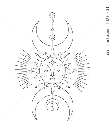Line ornament. Sun and moon outline. Alchemy mystic symbol. Creative design. Boho ethnic element. Astrology zodiac graphic. Witchcraft decorative emblem, star logotype. Vector isolated illustration Line ornament. Sun and moon outline. Alchemy mystic symbol. Creative design. Boho ethnic element. Astrology zodiac graphic. Witchcraft decorative emblem, star logotype. Vector isolated illustration 132334313