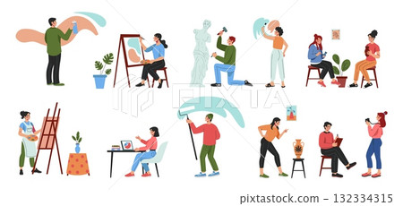 Hobby artist. Creative profession, artist, sculptor, potter and photographer. Painting graffiti and graphic designer. Vector cartoon flat style isolated man and woman in workshop artisan illustration 132334315