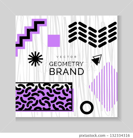 Geometry brand square poster. Purple geometrical abstract elements, lines and dots, Memphis style design social media post background. Decorative forms, minimal style vector contemporary illustration 132334316