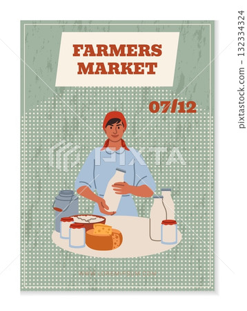 Farmer local farm. Farmer selling milk at stall. Market kiosk. Milkman booth shop. Organic food. Natural farming dairy products. Woman with cottage cheese and sour cream bottles. Vector poster design Farmer local farm. Farmer selling milk at stall. Market kiosk. Milkman booth shop. Organic food. Natural farming dairy products. Woman with cottage cheese and sour cream bottles. Vector poster design 132334324