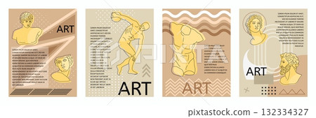 Greek sculpture poster. Sport men body, Hercules art creative design. Ancient classic traditional roman statue. Geometric background. Creative flyer or banner design. Vector cartoon flat illustration Greek sculpture poster. Sport men body, Hercules art creative design. Ancient classic traditional roman statue. Geometric background. Creative flyer or banner design. Vector cartoon flat illustration 132334327