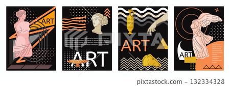 Art poster set. Greek sculpture, Artemidean and Aphrodite body. Ancient classic traditional roman statue. Vertical banner copy space for text, marble architectural element. Vector isolated template Art poster set. Greek sculpture, Artemidean and Aphrodite body. Ancient classic traditional roman statue. Vertical banner copy space for text, marble architectural element. Vector isolated template 132334328