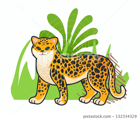 Animal jungle. Cartoon kids character. Wild feline mammal with spotted fur. Children tiger or jaguar. African panther in rainforest foliage. Doodle drawing. Happy cheetah. Vector wildcat illustration 132334329