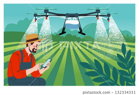 Agriculture farm. Smart farming. Plantation agricultural drone. Countryside barn. Innovation flying technology. Man farmer controlling UAV. Spray fertilizers. Robot flight monitoring. Vector concept 132334331