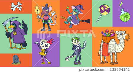 Halloween character. Groovy collage. Retro poster with square frames. Vintage holiday. Cartoon comic style. Witch boo. Fear of mummy. Happy autumn celebration. Magic mascot. Vector monster cards set Halloween character. Groovy collage. Retro poster with square frames. Vintage holiday. Cartoon comic style. Witch boo. Fear of mummy. Happy autumn celebration. Magic mascot. Vector monster cards set 132334341