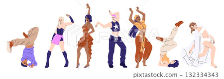 Dance of people. Dancer in disco. Fun in nightclub, music in club. Young crowd at night party. Character group, happy person flying around. Vector holiday women in choreography positions, cartoon set 132334343