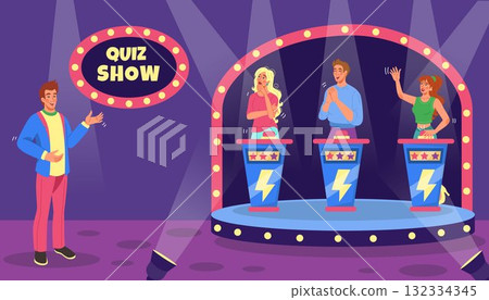Quiz on television. Erudite show. Intellectual game. Imaginative player at stand. Educational competition. Presenter asks question. Clever participant with answer. Broadcast on TV. Vector tidy program Quiz on television. Erudite show. Intellectual game. Imaginative player at stand. Educational competition. Presenter asks question. Clever participant with answer. Broadcast on TV. Vector tidy program 132334345