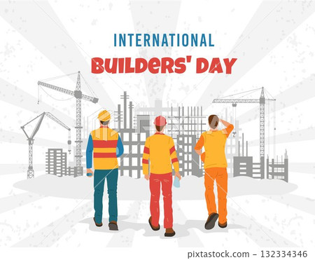 Construction site background. Crane operators. High rise building. Workers team. Labor Day poster. Structure assembly. Builders professional international event. Vector silhouette tidy engineering Construction site background. Crane operators. High rise building. Workers team. Labor Day poster. Structure assembly. Builders professional international event. Vector silhouette tidy engineering 132334346