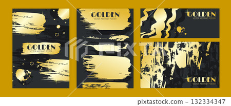 Golden template design. Poster is gold. Textured shiny banner. Luxury card. Paint splash pattern, foil paintbrush. Layout for Birthday, Christmas invitation vector garish booklet creative illustration Golden template design. Poster is gold. Textured shiny banner. Luxury card. Paint splash pattern, foil paintbrush. Layout for Birthday, Christmas invitation vector garish booklet creative illustration 132334347