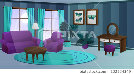 Room night bedroom. Cartoon home interior. Hotel bed. Moon light through window. Comfortable sofa with lamp. Cozy sleeping house. Home inside with moonlight. Vector game apartment garish background 132334349