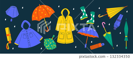 Raincoat for rain. Drawn umbrella. Doodle brolly closed or open. Rainy weather of autumn. Waterproof coat. Rubber boots for downpour puddles. Climate bad weather. Vector garish outerwear clothes set 132334350