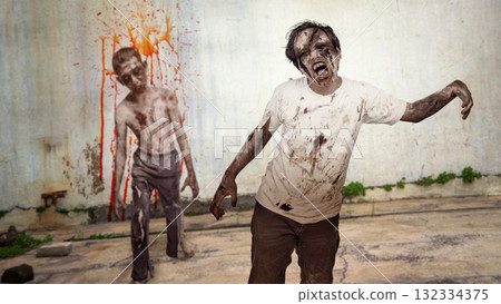 Two Indonesian southeast asian scary male zombies with wounds and bloody standing in front of old wall with splatters of blood drops on it. The scene is scary and creepy. Concept of Spooky Halloween Two Indonesian southeast asian scary male zombies with wounds and bloody standing in front of old wall with splatters of blood drops on it. The scene is scary and creepy. Concept of Spooky Halloween 132334375