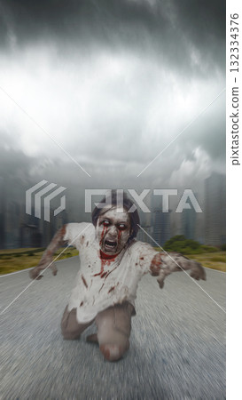 Indonesian southeast asian scary male zombies with wounds and blood were walking in the middle of an apocalyptic city under dark cloudy sky. The scene is scary and creepy. Concept of Spooky Halloween Indonesian southeast asian scary male zombies with wounds and blood were walking in the middle of an apocalyptic city under dark cloudy sky. The scene is scary and creepy. Concept of Spooky Halloween 132334376
