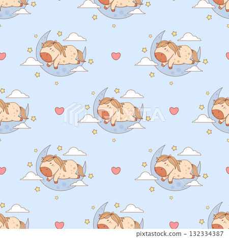 Seamless pattern with Cute Sleepy Little Horse on Moon on blue background. Funny Adorable resting Animal Pony Kawaii character. Vector illustration. Kids collection. Not AI 132334387
