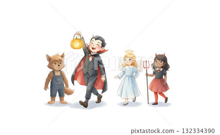 穿著萬聖節服裝的兒童參加的有趣萬聖節遊行（白色背景，頂部有複製空間） 132334390