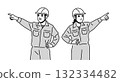 戴著安全帽的男性和女性工人用手指指著的插圖 132334482