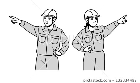 Illustration of male and female workers wearing helmets pointing their fingers 132334482