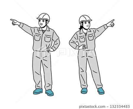 Illustration of male and female workers wearing helmets pointing their fingers 132334483