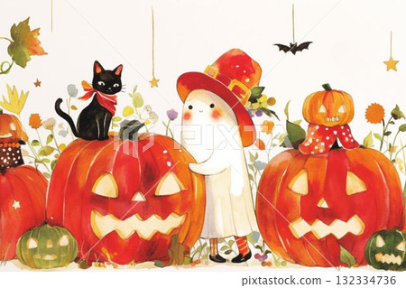 Ghost and Black Cat Halloween Night Garden 132334736