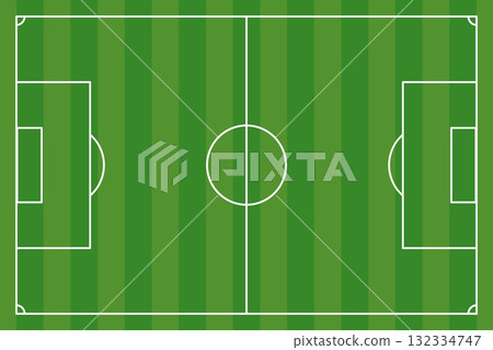 Soccer Football Field Top View. Green soccer field with white lines, goals and center circle. Football pitch vector for sports design, game strategy diagram, coaching presentation, tournament poster 132334747