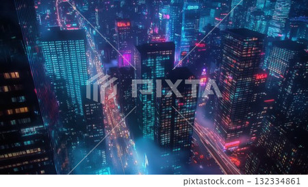 未來城市夜景：霓虹燈與摩天大樓_2 132334861