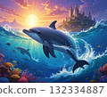 Dolphins jumping towards the sun 132334887