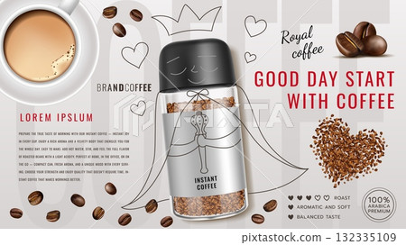 Coffee can. Cafe advertisement. Instant drink. Cappuccino menu. Black beans. Dark seeds tag. Aromatic breakfast espresso. Realistic glass jar. Brand ad. Doodle line drawing. Vector marketing banner 132335109
