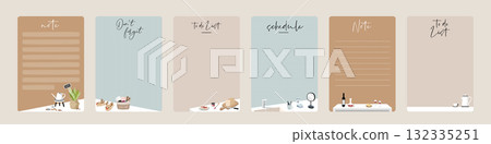 一組可愛手繪平面風格居家室內裝飾物品插圖的筆記本內頁設計圖框向量素材圖片 132335251