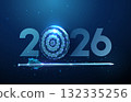 Abstract Happy 2026 New Year greeting card with arrow and dartboard target. Goal achievement, precision, strategic planning, performance improvement concept. 132335256