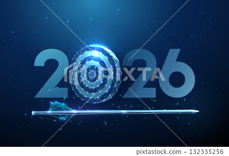 Abstract Happy 2026 New Year greeting card with arrow and dartboard target. Goal achievement, precision, strategic planning, performance improvement concept. 132335256