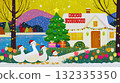 Whimsical Christmas ducks walking to a cozy festive cottage by the lake in winter snow 132335350