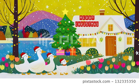 Whimsical Christmas ducks walking to a cozy festive cottage by the lake in winter snow 132335350