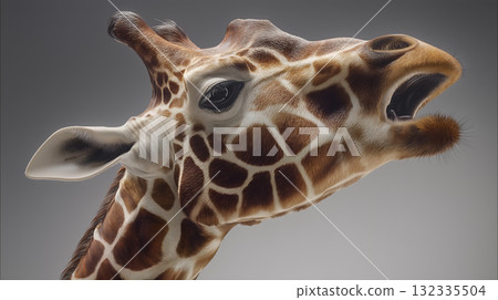 Expressive Giraffe with Open Mouth and Visible Tongue Against Neutral Gray Background 132335504