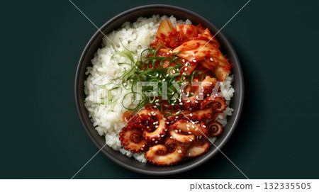 Octopus with White Rice, Kimchi, and Scallions in Dark Bowl with Sesame Garnish 132335505