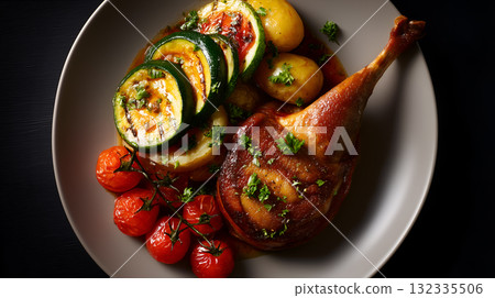 Roasted Duck Leg with Grilled Zucchini, Vine Tomatoes, and Boiled Potatoes on Light Plate 132335506