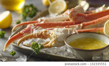 Crab Legs on Ice with Lemon Wedges, Parsley Garnish, and Melted Butter Pour 132335551