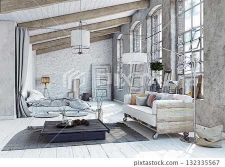 Industrial loft apartment interior. Rustic modern living room design. 3d rendering Industrial loft apartment interior. Rustic modern living room design. 3d rendering 132335567