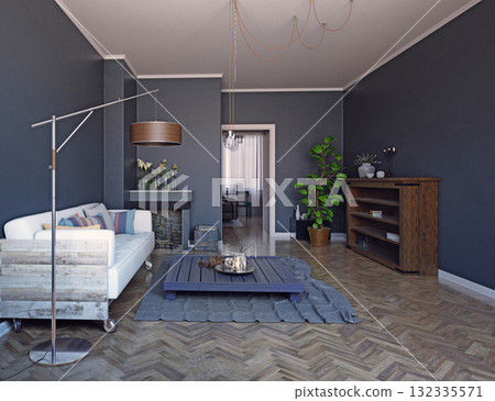 3d rendering of a modern living room interior. Stylish home decor with gray walls and parquet flooring 132335571
