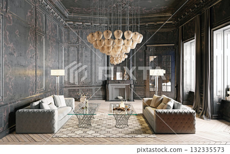3d rendering of a luxurious classic living room with dark walls and modern furniture. Opulent interior 3d rendering of a luxurious classic living room with dark walls and modern furniture. Opulent interior 132335573