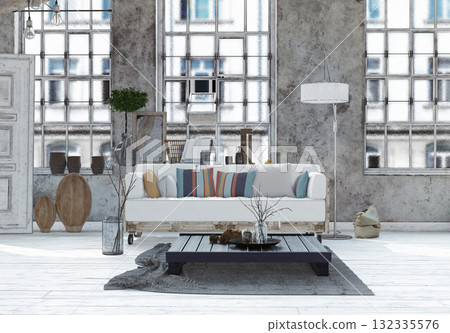 Industrial loft living room with a pallet sofa and concrete walls. 3d rendering of a modern interior 132335576