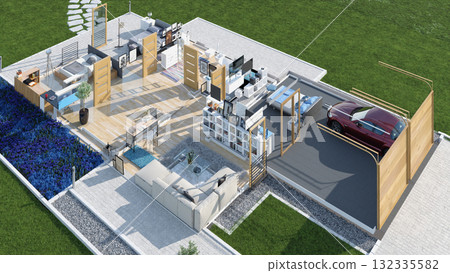 3d rendering of a modern house floor plan. Isometric view of interior design and architecture 132335582