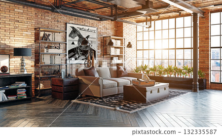 Sunlit industrial loft apartment interior with exposed brick walls. 3d rendering 132335587