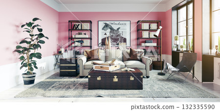3d rendering of a modern eclectic living room with pink walls. Stylish home interior design concept 132335590