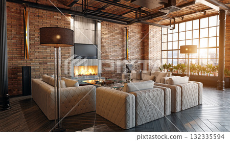 Modern industrial loft living room interior with exposed brick and a fireplace. 3d rendering 132335594