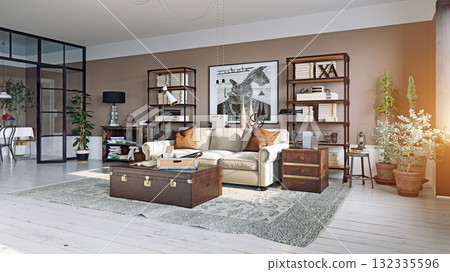 Stylish living room interior with industrial and vintage decor. 3d rendering of a modern apartment Stylish living room interior with industrial and vintage decor. 3d rendering of a modern apartment 132335596