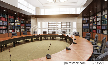 3d rendering of an empty corporate conference room. Modern boardroom interior with bookshelves 132335599