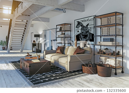 3d rendering of a modern industrial loft living room. Spacious home interior design with high ceilings 3d rendering of a modern industrial loft living room. Spacious home interior design with high ceilings 132335600