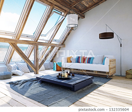 3d rendering of a modern rustic attic living room. Cozy loft interior with large skylight windows 132335604