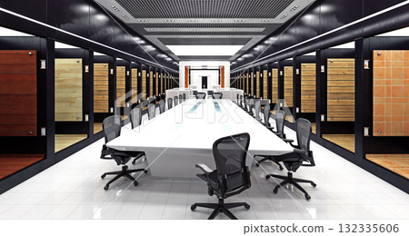 3d rendering of a modern showroom interior. Conference room with wood and tile material samples 132335606